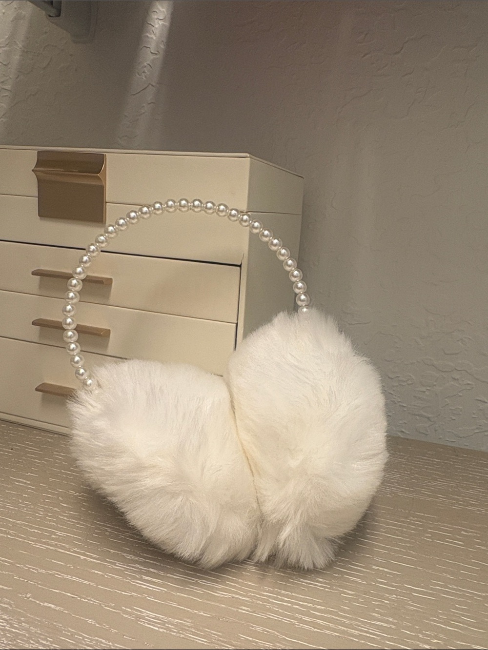 Faux Fur Pearl-Headband Earmuffs - White